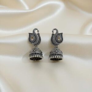 Peacock twirl - oxidised silver jhumka
